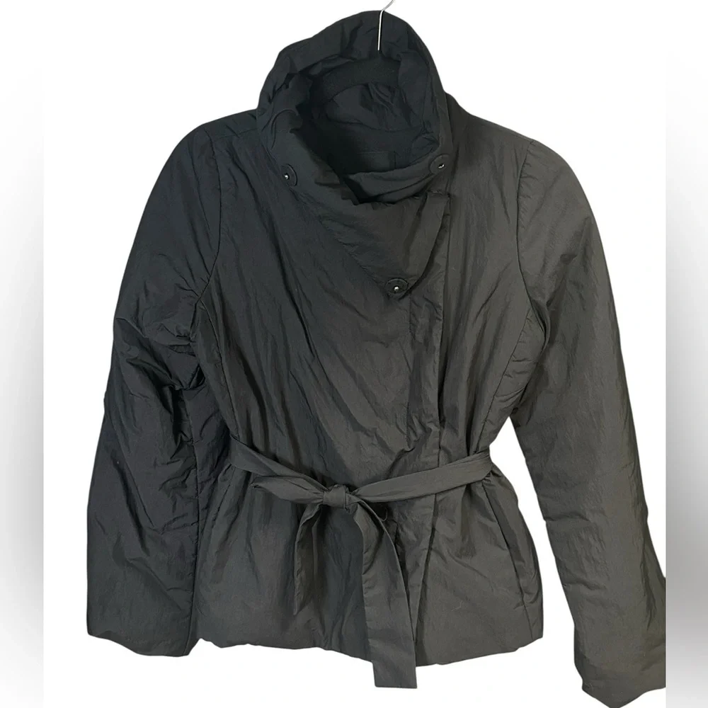 Club Monaco Black Crop Coat XS Double Breasted Tie Waist Funnel Neck - Picture 2 of 7